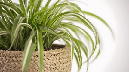 Fototapeta premium Close-up of a vibrant spider plant with variegated leaves in a woven basket. The plant's long, slender leaves cascade over the edge, creating a lush, natural look.