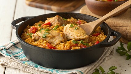 Delicious arroz con pollo served in a rustic pot highlighting traditional culinary art