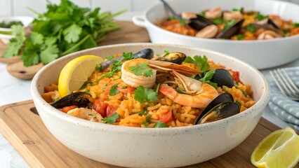 Delicious arroz de marisco served with fresh herbs and seafood in a generous portion
