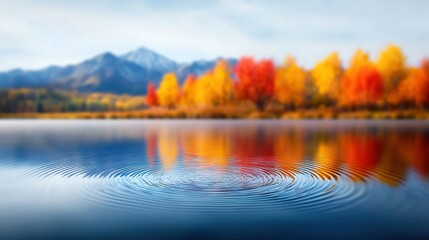   A body of water encircled by autumn-tinted foliage trees in the foreground, with a majestic mountain range fading into the background