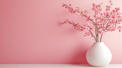 Minimalist white vase with pink cherry blossoms