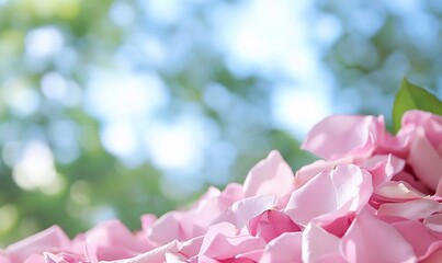 Obraz premium Soft pink rose petals scattered against a blurred green background.