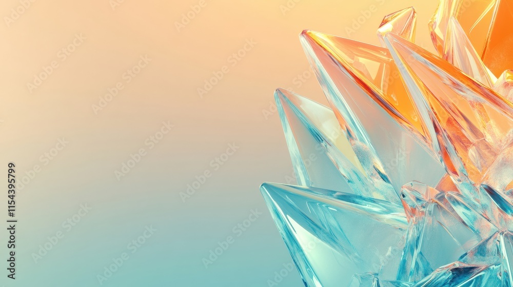 Poster Intricate abstract 3D artwork featuring sharp crystalline shapes in shades of blue and orange against a softly blended background. Generative AI