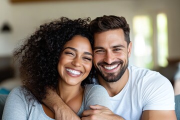 Obraz premium A joyful couple with bright smiles showcasing their love and connection in a warm, inviting setting, conveying a sense of happiness and togetherness.