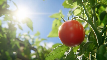 A ripe tomato hanging on a vine under sunlight in a garden.