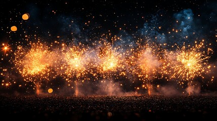 Naklejka premium Golden sparks shimmering brilliantly with radiant energy against the blackened void background image