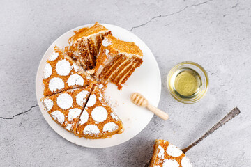 Traditional layered honey cake slices.
