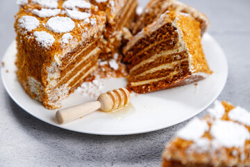 Traditional layered honey cake slices.