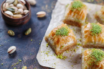 Turkish-style pistachio baklava with a glass of milk.