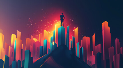 Trader standing on top of a mountain of stock bars, symbolizing stock market success, bright and dynamic finance illustration. Pinnacle. Illustration