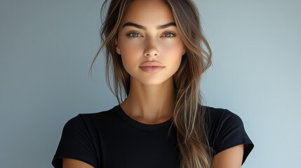 A close-up portrait of a young woman displaying natural beauty, with long hair and gentle expression, showcasing elegance and simplicity in a minimalistic setting.