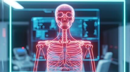A glowing, digital representation of a human skeleton, showcasing anatomical structures in a high-tech medical environment.