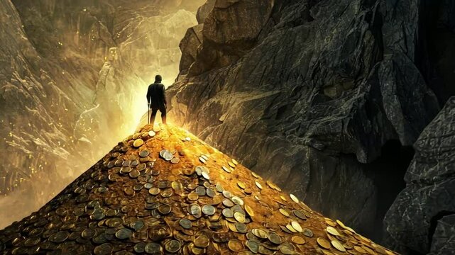 A lone figure stands on a pile of gold coins, symbolizing the pursuit of wealth and its burdens.