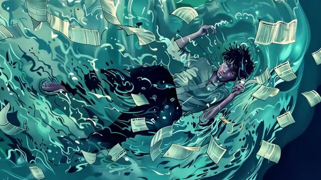 A person drifts helplessly in a chaotic ocean of paperwork, symbolizing overwhelming stress and responsibility.