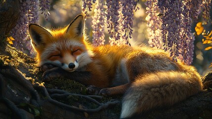   A close-up of a fox lying on a tree branch with its eyes closed
