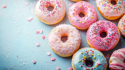 Colorful donuts with sprinkles on a pastel surface