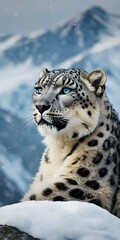 Fototapeta premium Snow Leopard Gazing at Snowy Mountains