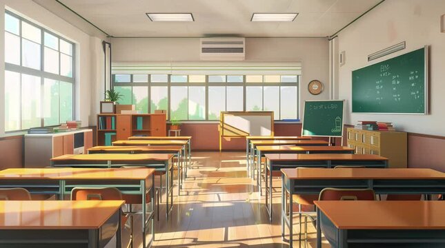 Sunlit empty classroom with desks and chairs on a bright and peaceful day
Seamless looping 4k time-lapse virtual video animation Generated AI