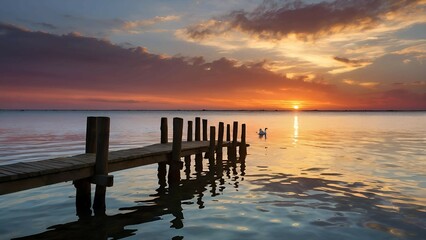 Fototapeta premium Sunset over a Calm Lake with a Wooden Pier