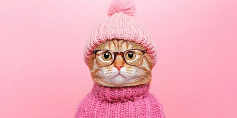 Obraz premium A furry cat sports a cozy pink knitted hat and stylish glasses, showcasing a playful personality against a soft pastel backdrop