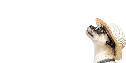 Obraz premium Feline friend is dressed in a fashionable hat and stylish glasses, looking upwards with a curious expression in a bright, minimalistic setting