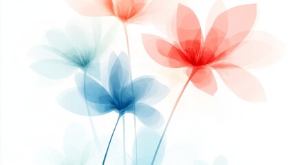 Obraz premium A collection of semi-transparent flowers in various hues, showcasing intricate petal patterns and flowing forms. The minimalist design captures natural beauty vibrantly.