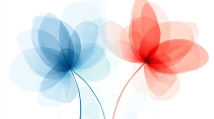 Fototapeta premium Two translucent flowers portrayed in vivid blue and red hues. Their overlays create an intricate, abstract floral design, captivating with simplicity and modern elegance.