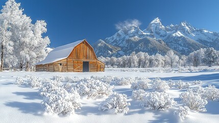   A white landscape showcases a rustic barn upfront and majestic mountains behind, blanketed in fresh snow