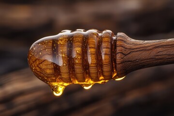 Close-up of honey dripping from a wooden dipper against a blurred background.