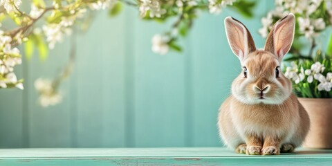 Obraz premium A charming brown rabbit rests on a smooth wooden surface, adorned with colorful flowers, evoking the joyful spirit of Easter in a serene, pastel ambiance that brings joy and elegance