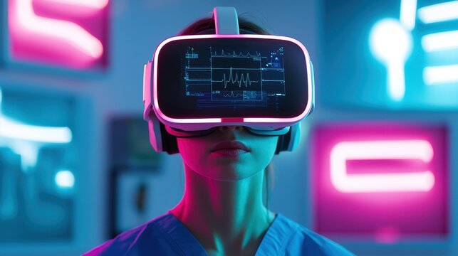 A person wearing futuristic VR goggles in a vibrant, neon-lit environment, suggesting advanced technology and immersive experiences. - Powered by Adobe