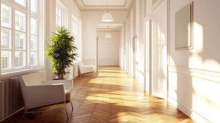 Obraz premium Bright and Spacious Modern Corridor with Natural Light and Plants