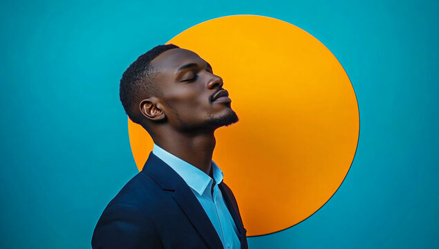 A young African American businessman in a tailored navy suit exudes confidence on a serene aqua-blue backdrop, ideal for Black History Month promotions or professional branding.
