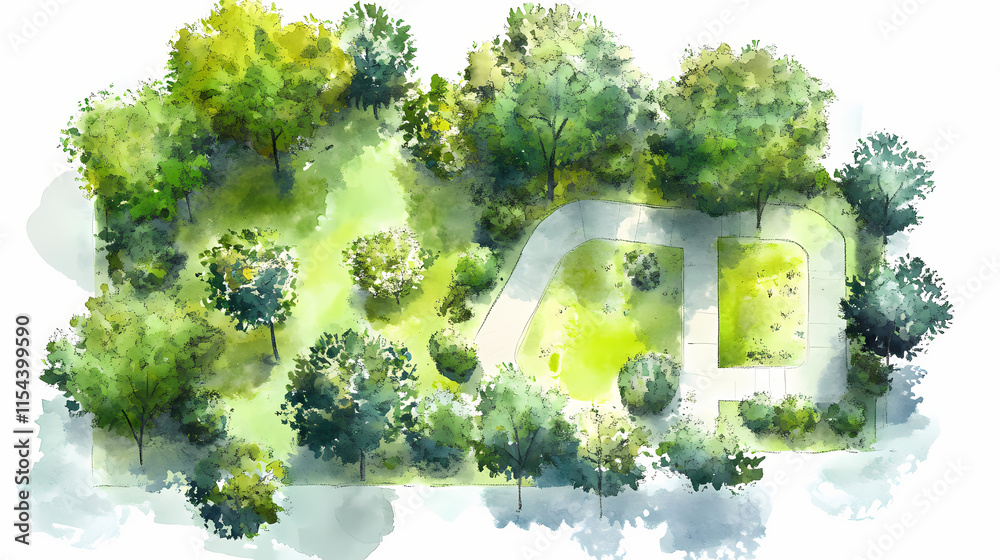 Wall mural landscape plan and architecture layout watercolor tree top view. pinnacle. illustration