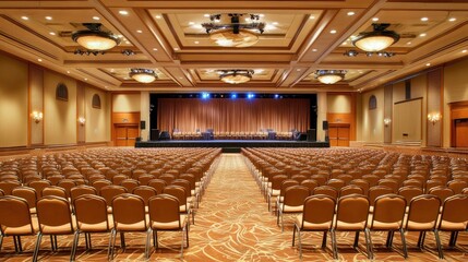 Spacious conference hall with empty rows of chairs and stage lights