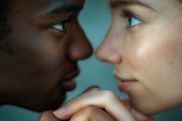 Obraz premium An interethnic couple looks into each other's eyes as one. Valentine's Day, love, relationships, trust