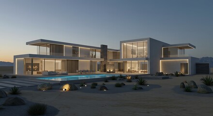 Fototapeta premium Modern Desert Villa Luxury Home Architecture Night Poolside