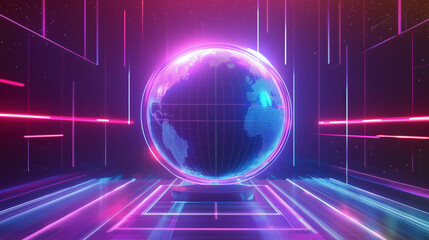 Fototapeta premium Futuristic Global Communication Design Featuring a Holographic Globe with Illuminated Network Paths in Vivid Gradients