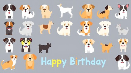Happy birthday illustration with cute cartoon dogs on a gray background