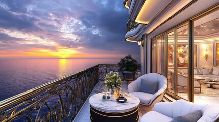 Fototapeta premium Elegant Balcony with Scenic Sunset Over Calm Ocean Waters