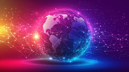 Futuristic Global Communication Design Featuring a Holographic Globe with Illuminated Network Paths in Vivid Gradients