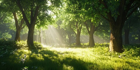 Obraz premium Bosque iluminado por el sol y árboles verdes