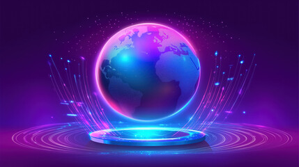 Obraz premium Futuristic Global Communication Design Featuring a Holographic Globe with Illuminated Network Paths in Vivid Gradients