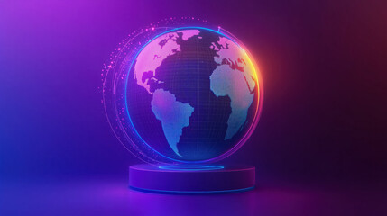 Futuristic Global Communication Design Featuring a Holographic Globe with Illuminated Network Paths in Vivid Gradients