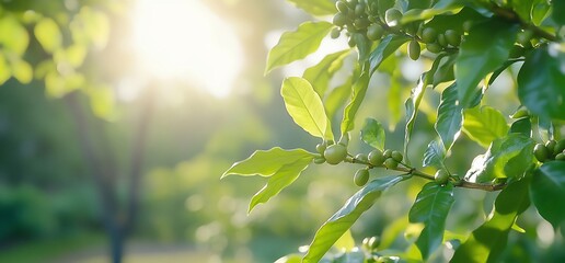 Sunlit leaves with developing fruits in a lush green environment.