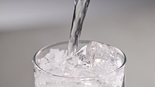 fresh transparent sparkling soft soda drink pouring in to glass, making foam, closeup, slow motion, grey natural background