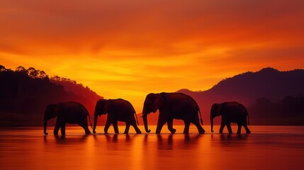 Fototapeta premium Elephants crossing a river at sunset wildlife photography natural landscape serenity