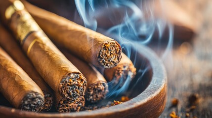 Close-up of expensive smoking Cuban cigars in a brown ashtray. Luxury lifestyle concept