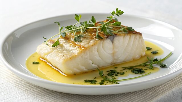 Delicious bacalao al pil pil served on a small plate with fresh herbs and a flavorful sauce