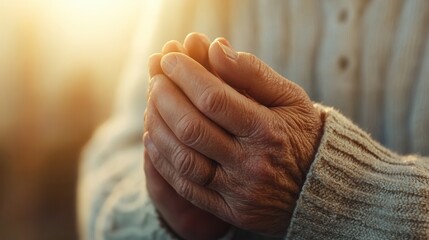 Fototapeta premium Prayerful hands clasped together at sunset serene closeup peaceful environment